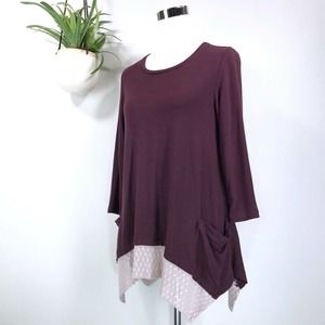 LOGO Lori Goldstein Slub Knit Tunic Top Embroidered Lace Hem Black Cherry Size S